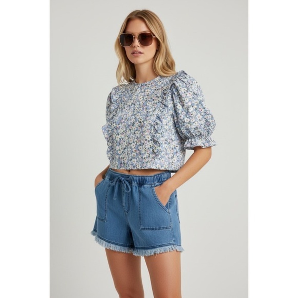 Floral Blooming Denim Frayed Hem Drawstring Shorts Light Wash Blue S